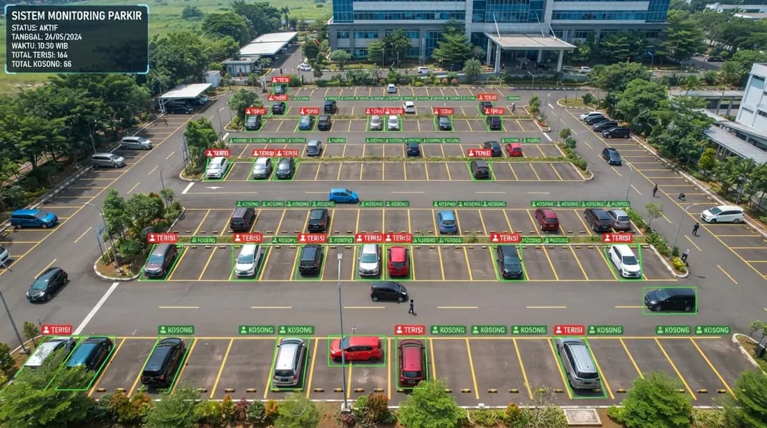 A modern car park from a high angle, each bay marked taken or free