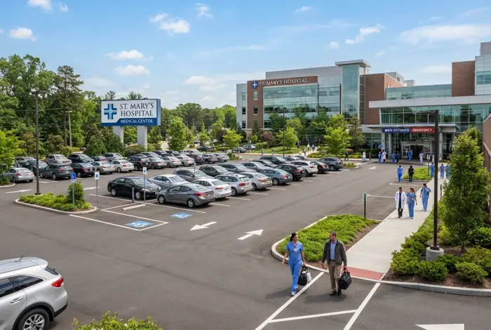 A hospital car park in daylight