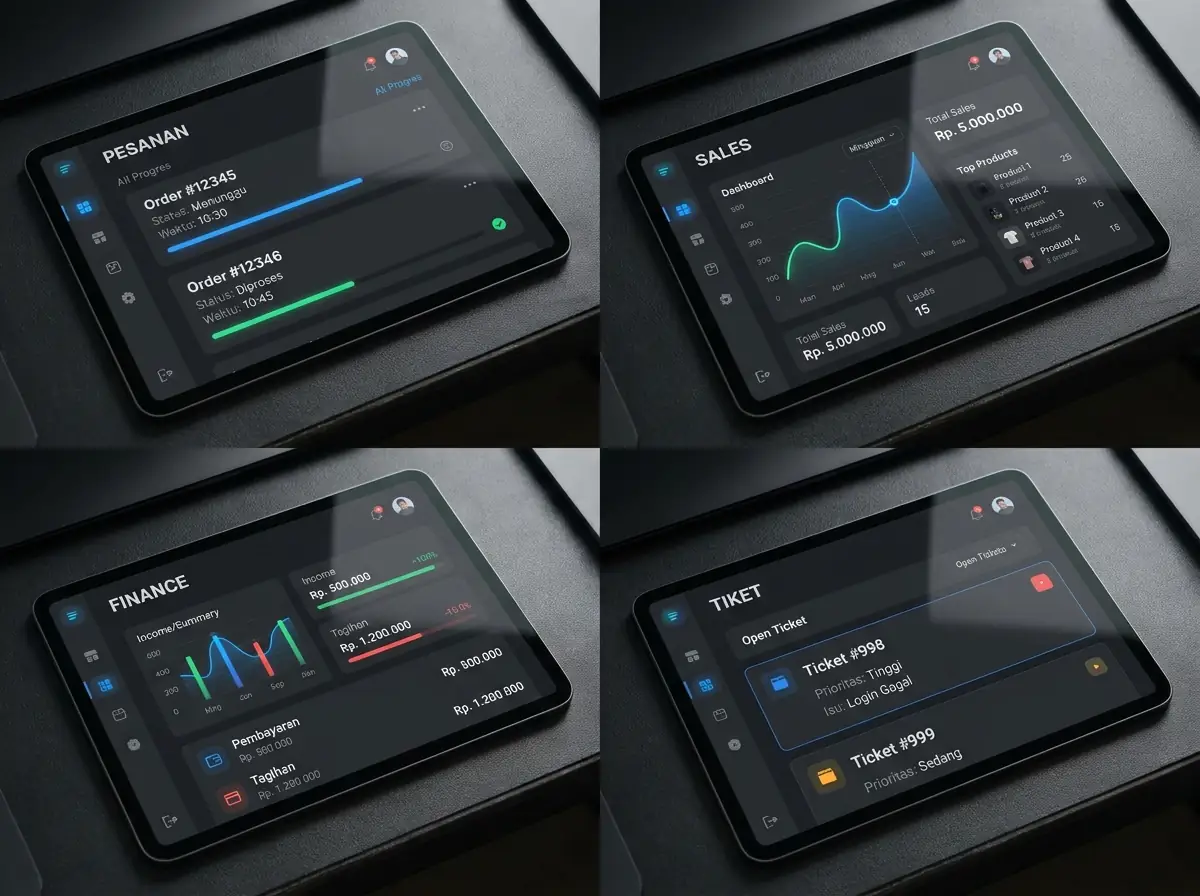 Four screens in sequence: Orders, Sales, Finance, and Tickets