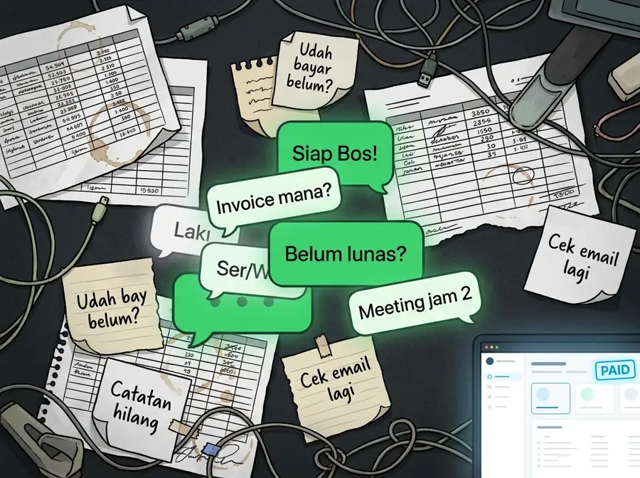 Scattered chat bubbles, spreadsheets, and sticky notes with nothing joining them up