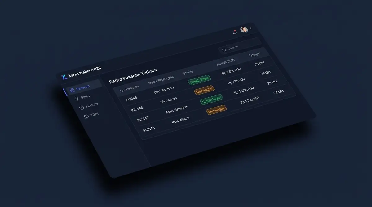 The Karsa Wahana dashboard showing an order list, payment status, and a ticket queue