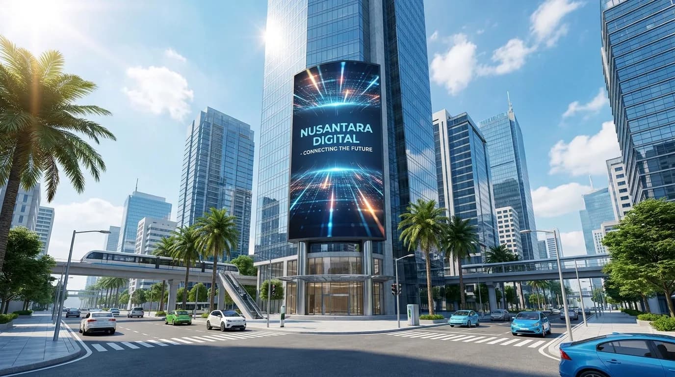 Billboard digital raksasa di sisi gedung kaca dengan jalan raya dan monorel di depannya.