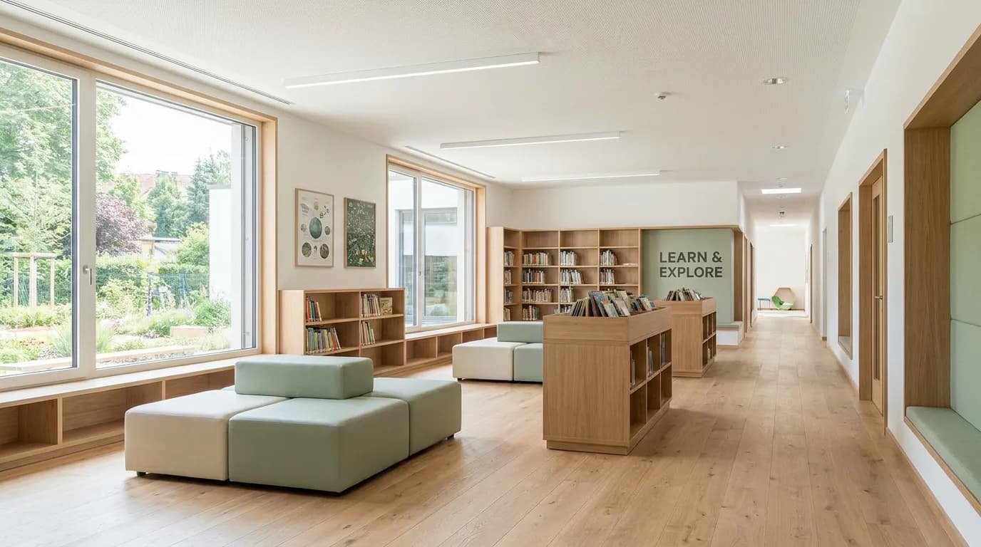 Lorong perpustakaan sekolah berlantai kayu dengan rak buku rendah dan bangku empuk.