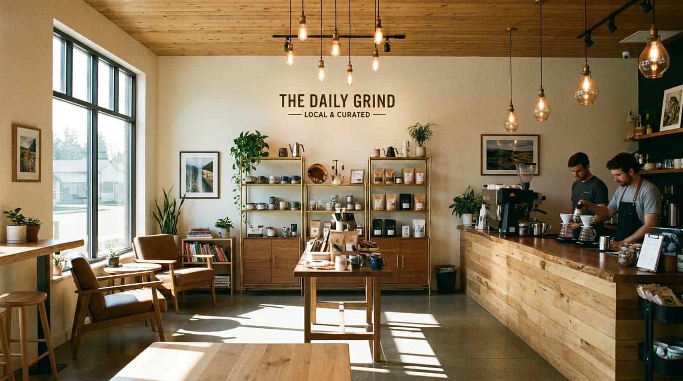 Interior kedai kopi dengan rak produk, lampu gantung, dan dua barista di balik meja bar.