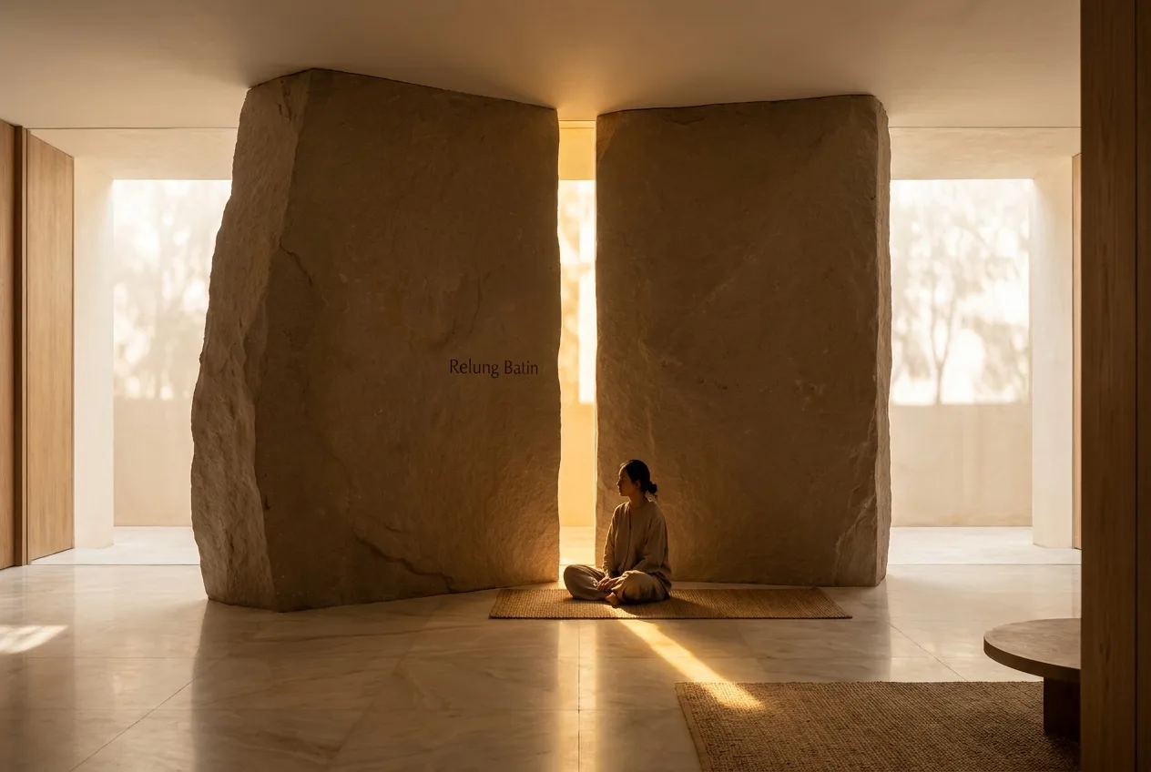 A low-ceilinged room where two massive stone blocks stand side by side; late light enters through the gap between them, and a person sits cross-legged in that gap.