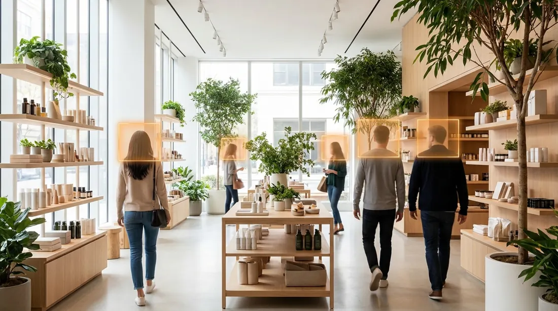 A bright retail interior with timber shelving and a few visitors walking through