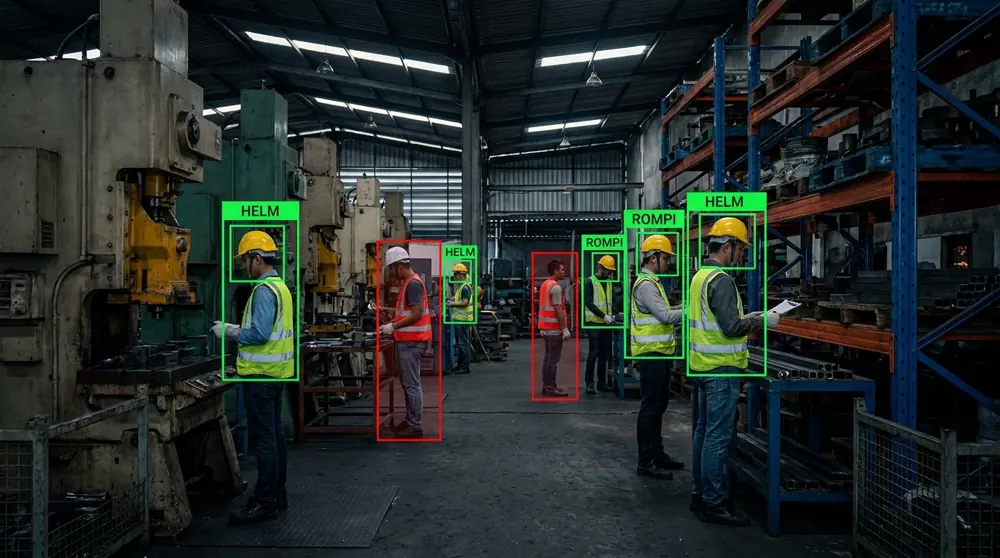An industrial work area: workers in helmets and vests among machinery
