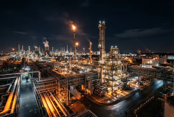 An oil refinery at night
