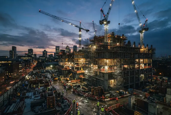 A construction site with a crane at dusk