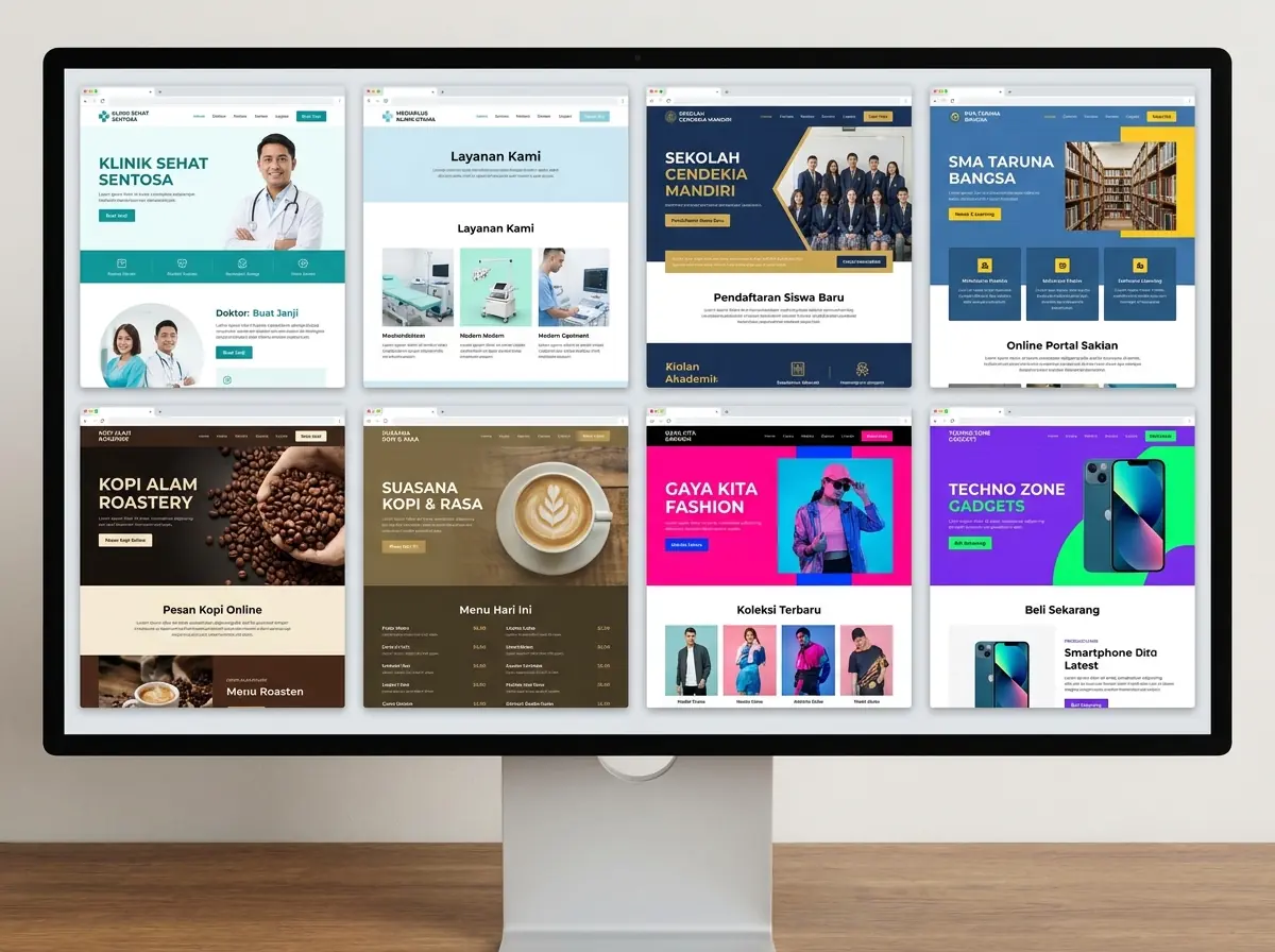 A set of sample site screens in differing styles