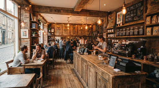 Interior kedai kopi kayu yang hangat dan rustic