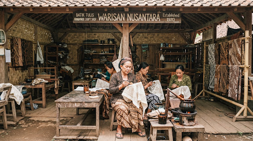 Suasana workshop batik tradisional dengan perajin wanita sedang membatik menggunakan canting dan malam